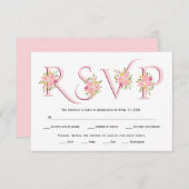 赤面ピンクタイポグラフィとピンクローズRSVPカード 出欠カード (正面/裏面)