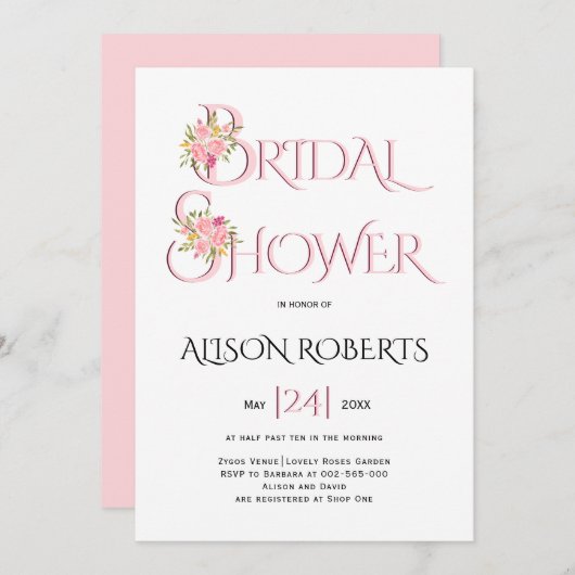 赤面ピンクタイポグラフィピンクローズブライダルシャワー 招待状 (正面/裏面)