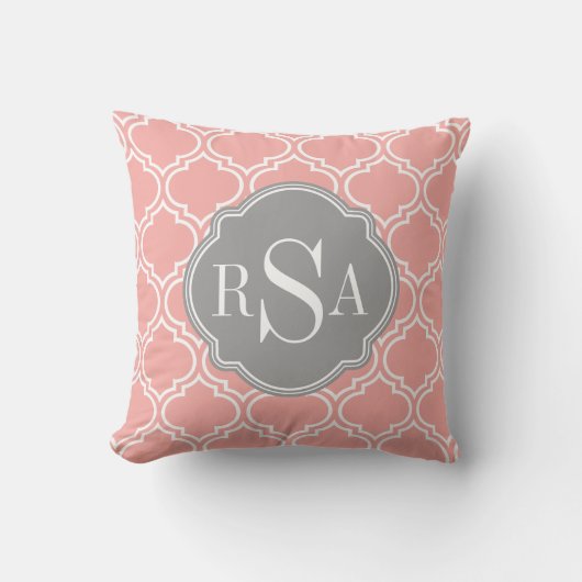 赤面ピンクタイル格子模様グレーモノグラム クッション (正面)