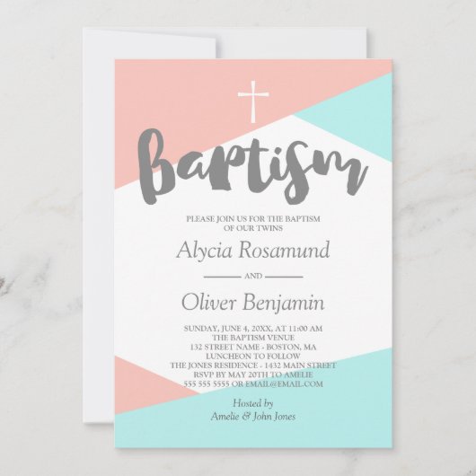 赤面ピンクターコイズ幾何双生児バプテスマ 招待状 (正面)