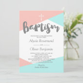 赤面ピンクターコイズ幾何双生児バプテスマ 招待状 (スタンド正面)