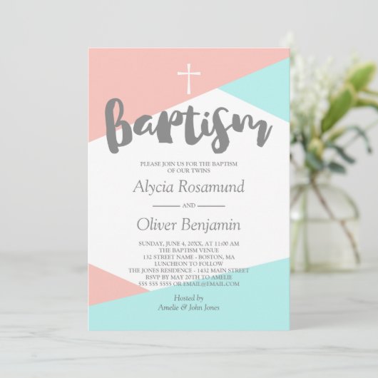赤面ピンクターコイズ幾何双生児バプテスマ 招待状 (スタンド正面)