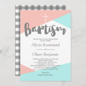 赤面ピンクターコイズ幾何双生児バプテスマ 招待状 (正面/裏面)