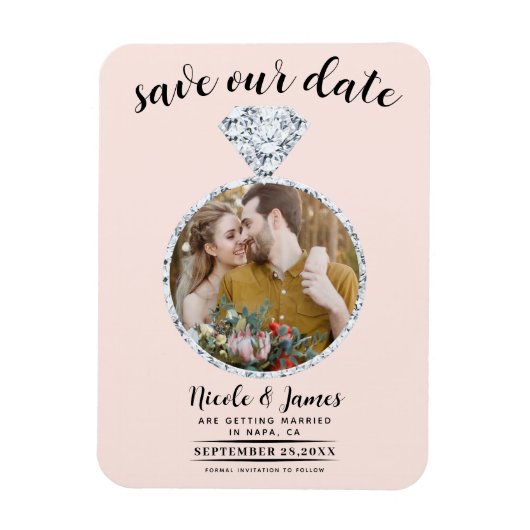 赤面ピンクダイヤきらきら光るモンドリングや輪写真Save the Date マグネット (縦)