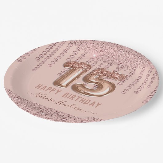 赤面ピンクダイヤモンドドリップスハッピー15誕生日 ペーパープレート (アングル)