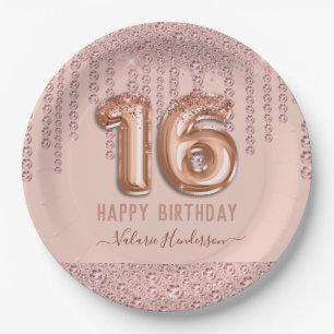 赤面ピンクダイヤモンドドリップスハッピー16th誕生日 ペーパープレート