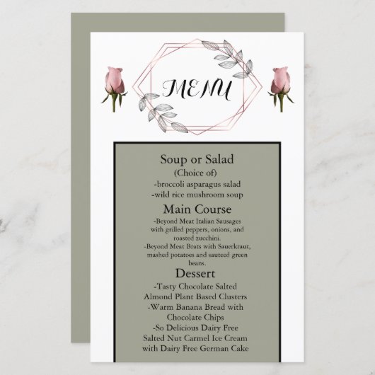 赤面ピンクダスティス結婚セージのバラ付きメニュー (正面/裏面)