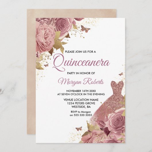 赤面ピンクダスティバラドレスキンセアニェラパーティー 招待状 (正面/裏面)