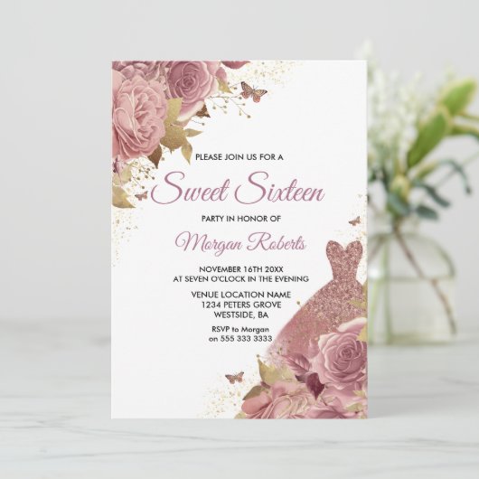 赤面ピンクダスティバラドレススウィート16パーティー 招待状 (スタンド正面)
