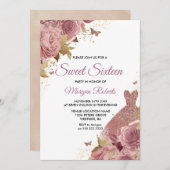 赤面ピンクダスティバラドレススウィート16パーティー 招待状 (正面/裏面)