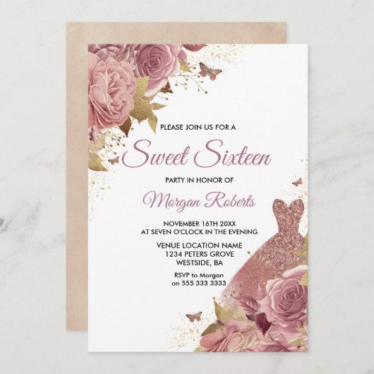 赤面ピンクダスティバラドレススウィート16パーティー 招待状 (正面/裏面)