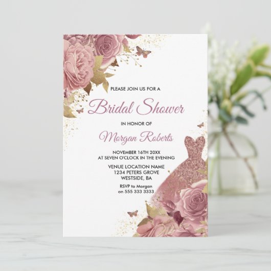 赤面ピンクダスティバラドレスブライダルシャワー 招待状 (スタンド正面)