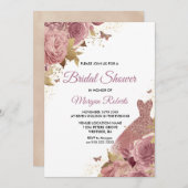 赤面ピンクダスティバラドレスブライダルシャワー 招待状 (正面/裏面)