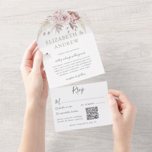 赤面ピンクダスティバラフローラQRコードすべて1つ オールインワン招待状 (貼ってはがせる)