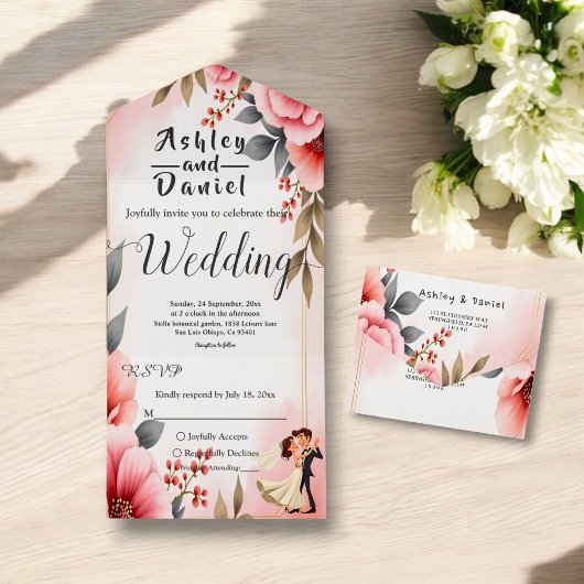 赤面ピンクダスティバラ新郎新婦フローラ結婚ズ オールインワン招待状