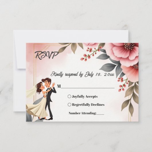 赤面ピンクダスティバラ新郎新婦フローラ結婚ズ 出欠カード (正面)