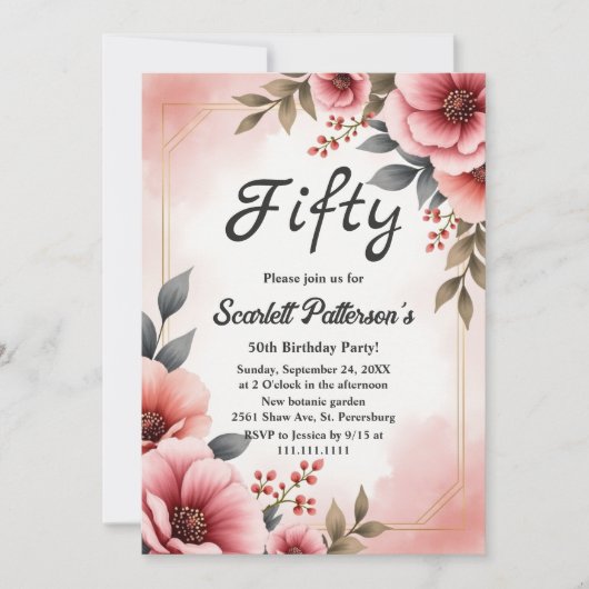 赤面ピンクダスティバラ水カラーフローラ誕生日 招待状 (正面)