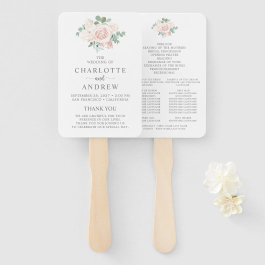 赤面ピンクダスティーバラユーカリ結婚式 プログラム ハンドファン (正面&裏面)