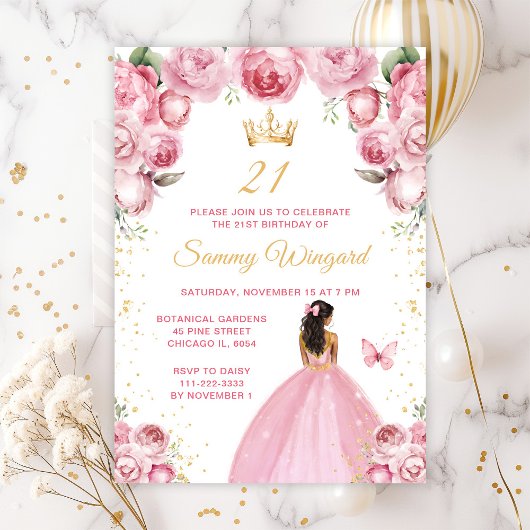 赤面ピンクダークスキンプリンセス誕生日パーティー 招待状