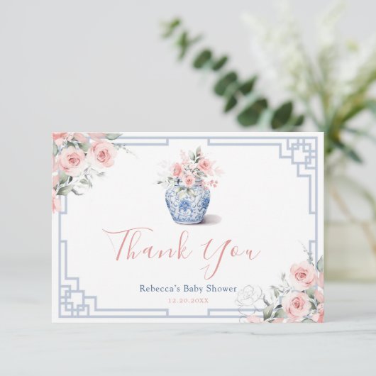 赤面ピンクチノイスリージンジャージャーブベビーシャワー サンキューカード (スタンド正面)