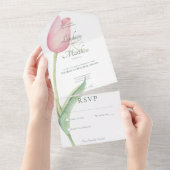 赤面ピンクチューリップソモダンロノディナー オールインワン招待状 (貼ってはがせる)