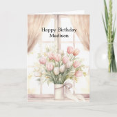 赤面ピンクチューリップフローラ誕生日 カード (正面)