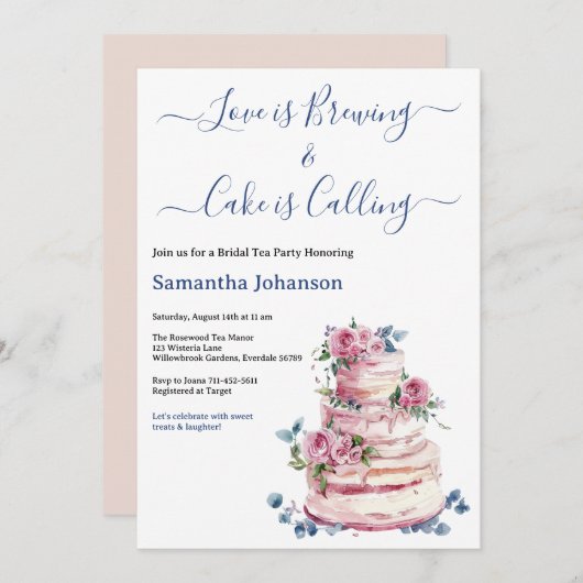 赤面ピンクティアドケーキピンクローズブライダルシャワー 招待状 (正面/裏面)