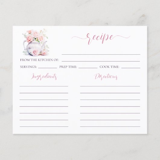 赤面ピンクティーパーティーブライダルシャワーレシピカード (正面)