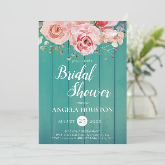 赤面ピンクティール(緑がかった色)ブルーフローラ水色シャワー 招待状 (スタンド正面)