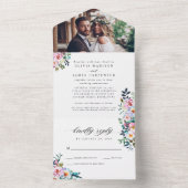 赤面ピンクティール(緑がかった色)緑のフローラ写真結婚の オールインワン招待状 (内側)