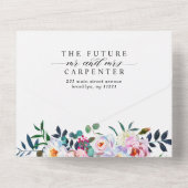 赤面ピンクティール(緑がかった色)緑のフローラ写真結婚の オールインワン招待状 (裏面)