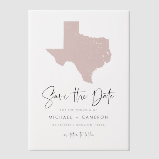 赤面ピンクテキサス州地図ミニマリスト日付を保存 ベラム紙招待状 (正面)