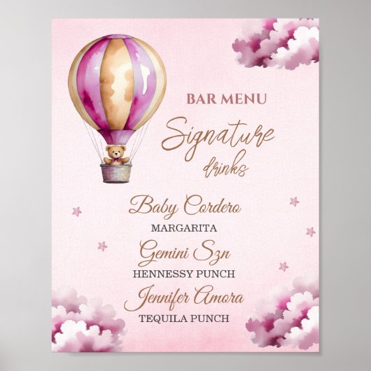 赤面ピンクテディスターリーナイトベビーシャワーバーメニュー ポスター (正面)