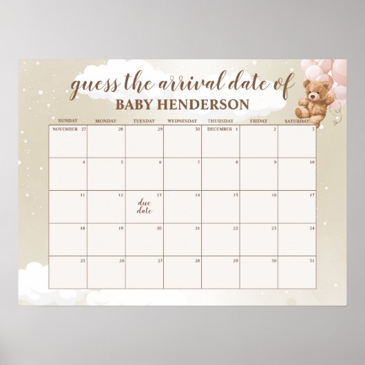 赤面ピンクテディベアは期日カレンダーを推測 ポスター (正面)