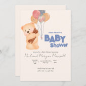 赤面ピンクテディベアベビーバルーンシャワー 招待状 (正面/裏面)