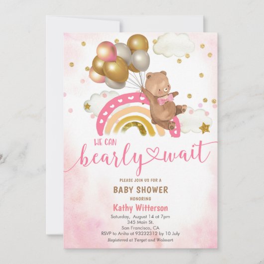 赤面ピンクテディベア我々は心から待つことができベビーショー 招待状 (正面)