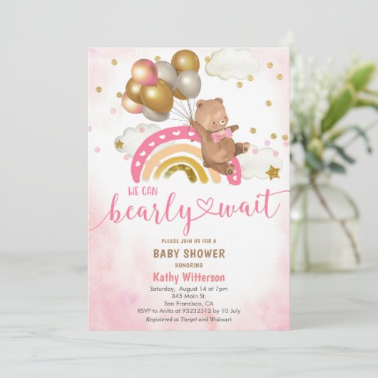 赤面ピンクテディベア我々は心から待つことができベビーショー 招待状 (スタンド正面)