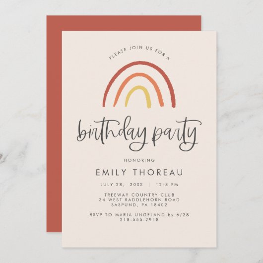 赤面ピンクテラコッタレインボーガールバースデーパーティー 招待状 (正面/裏面)