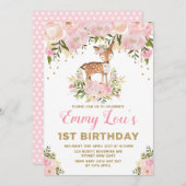 赤面ピンクディアー1stバースデーウォーターカラーフローラ 招待状 (正面/裏面)