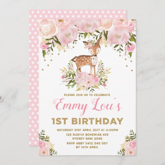 赤面ピンクディアー1stバースデーウォーターカラーフローラ 招待状 (正面/裏面)