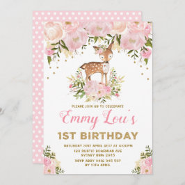 赤面ピンクディアー1stバースデーウォーターカラーフローラ 招待状
