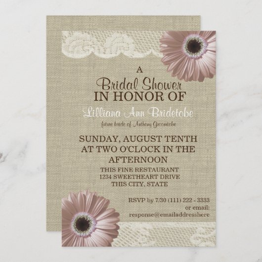赤面ピンクデイジー及びレースブライダルシャワー 招待状 (正面/裏面)