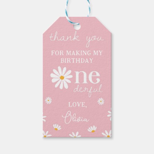 赤面ピンクデイジー誕生日サンキューラベル ギフトタグ (正面)