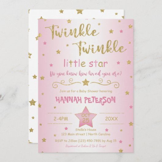 赤面ピンクトゥインクルトゥインクルリトルスターベビーシャワー 招待状 (正面/裏面)