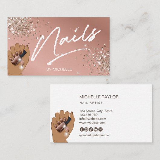 赤面ピンクトレンディーグリッターモダンネイルアーティストブシ 名刺 (正面/裏面)