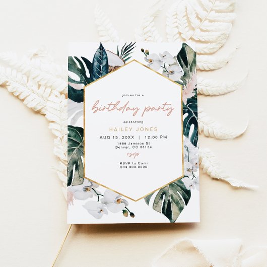 赤面ピンクトロピカルパームパンパスバースデーパーティー 招待状