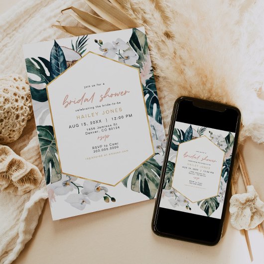 赤面ピンクトロピカルパームパンパスブライダルシャワー 招待状