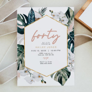 赤面ピンクトロピカルパームパンパス40歳の誕生日 招待状