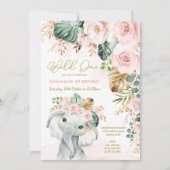 赤面ピンクトロピカルフローラエレファント1歳の誕生日 招待状 (正面)