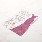 赤面ピンクドレスブライダルシャワーバラ金ゴールド 箔招待状 (回転した状態)